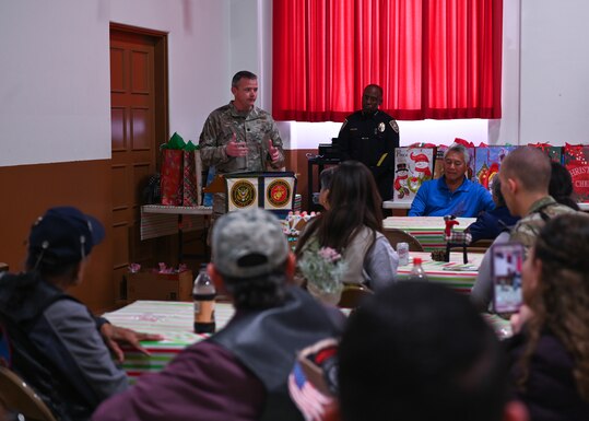 Lt. Col. Joshua Killian, 30th Logistics Readiness Squadron commander, speaks to the Veterans, Airmen and Guardians in attendance at the Armed Forces luncheon Dec. 17, 2022 at Guadalupe, Calif. The city name honors Our Lady of Guadalupe, which is the Catholic title given to the Virgin Mary. (U.S. Space Force photo by Airman 1st Class Tiarra Sibley)