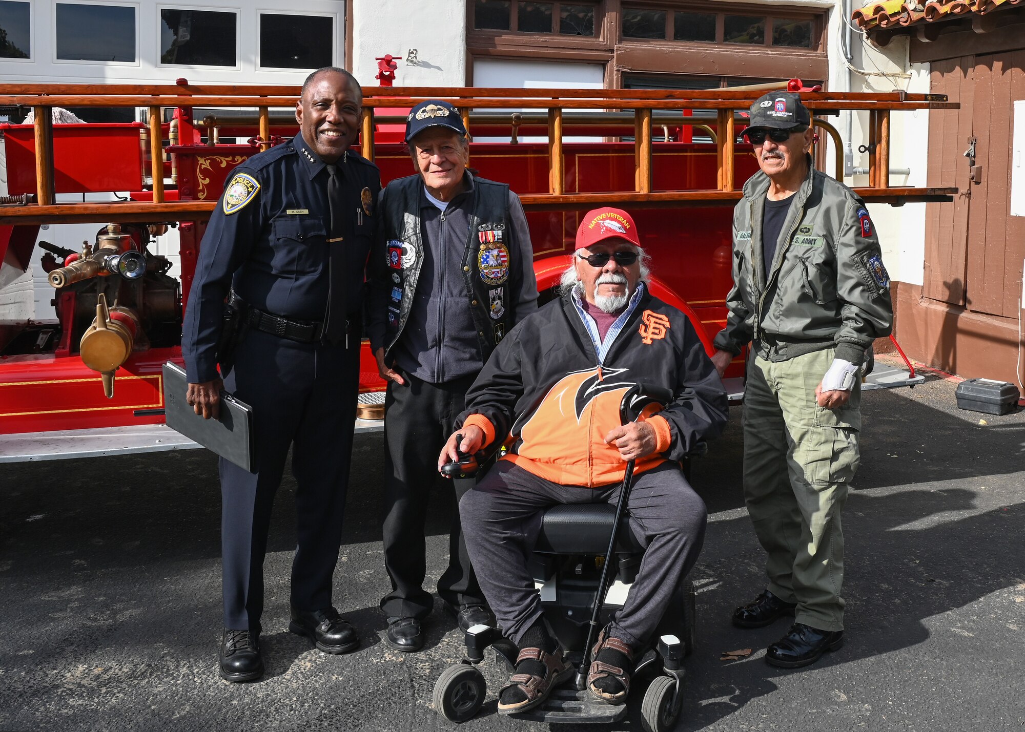 Michael Cash, city of Guadalupe chief of police, poses with local veterans at the Armed Forces luncheon, Dec. 17, 2022 at Guadalupe, Calif. On September 1, 1769, the first European land exploration of Alta California, camped near today’s Guadalupe. (U.S. Space Force photo by Airman 1st Class Tiarra Sibley)