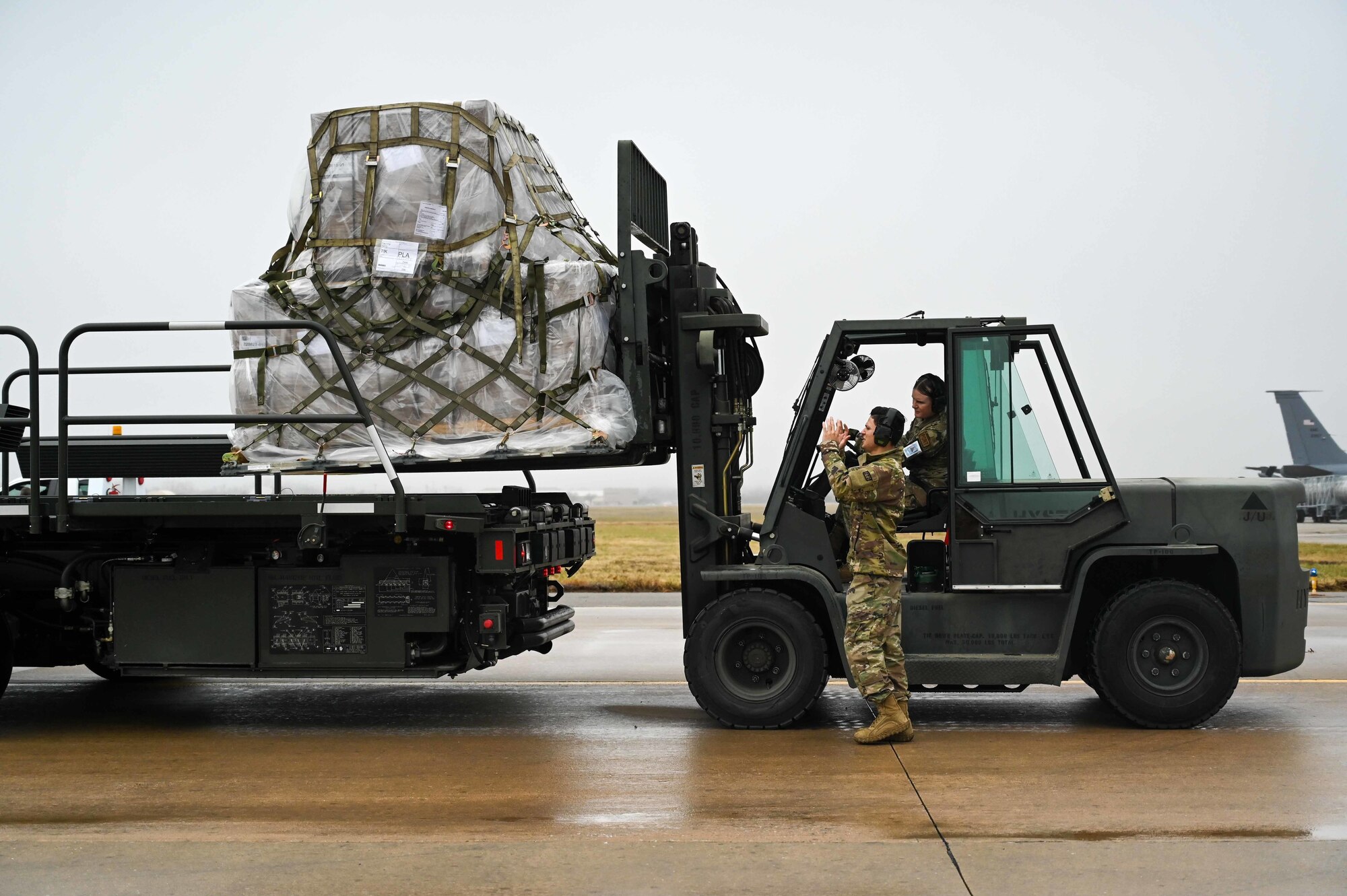 Airmen from the 72nd Logistics Readiness Squadron and the 72nd Aerial Port Squadron palatize and load over 130 thousand pounds of food and medical humanitarian aid onto a C-5 Galaxy bound for Costa Rica December 8, 2022, Tinker Air Force Base, Oklahoma. Humanitarian operations like this one happen multiple times a year in partnership with the State Department to bring aid all over the world.