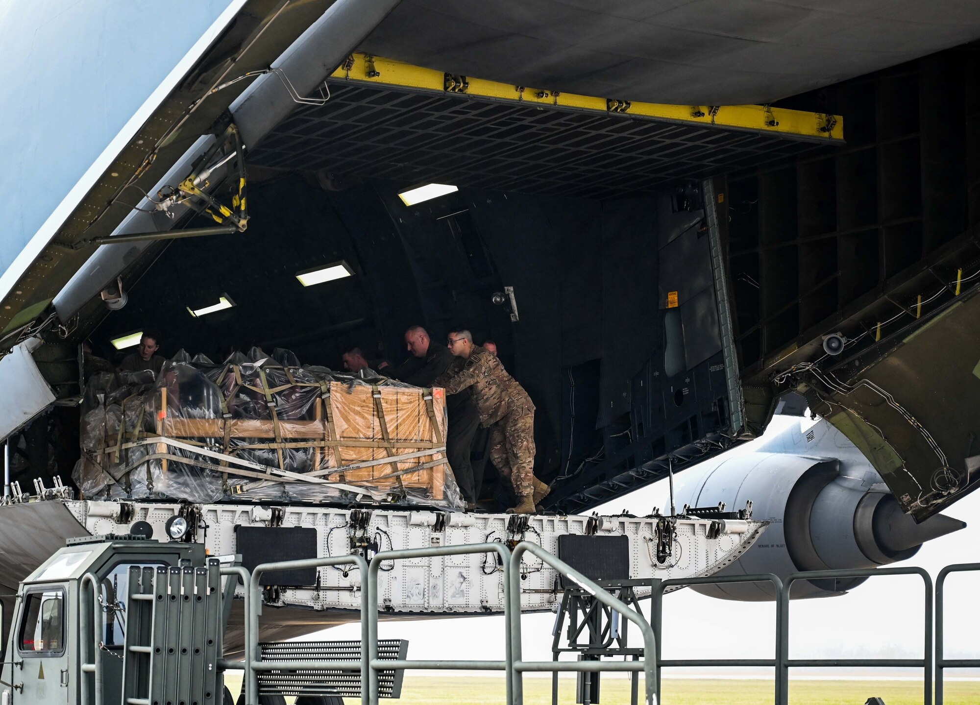 Airmen from the 72nd Logistics Readiness Squadron and the 72nd Aerial Port Squadron palatize and load over 130 thousand pounds of food and medical humanitarian aid onto a C-5 Galaxy bound for Costa Rica December 8, 2022, Tinker Air Force Base, Oklahoma. Humanitarian operations like this one happen multiple times a year in partnership with the State Department to bring aid all over the world.