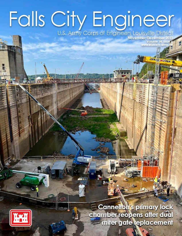 The Public Affairs Office is pleased to share the November/December issue of the Falls City Engineer newsletter: https://www.dvidshub.net/publication/issues/65818

Articles in this issue include:
• Cannelton’s primary lock chamber reopens after dual miter gate replacement
• Future USACE officers and civilians get schooled on military construction
• Little Rock and Louisville District partner to complete Razorback Inn
• Louisville VA Medical Center project wraps up first year of construction
• Navy veteran proud to help build new VA Medical Center
• After 32 years, Fowler moves on to a new mission
• Hydrology and hydraulics section cross-train fellow employees
• Louisville District celebrates Native American Heritage Month
