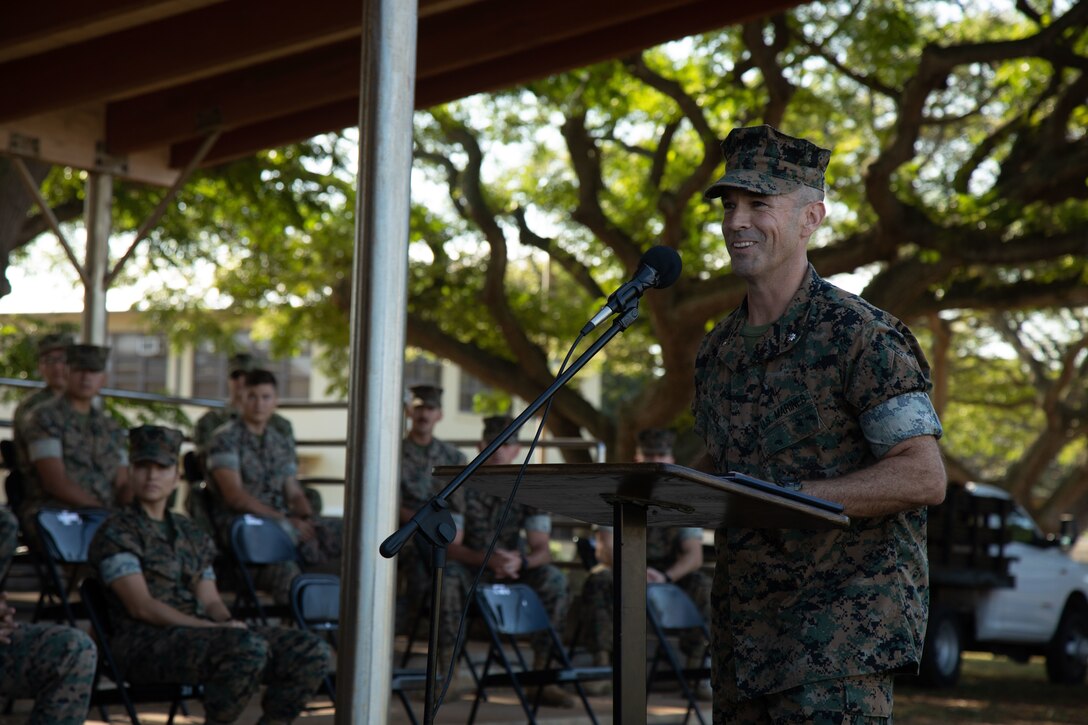 U.S. Marine Corps Lt. Col. Stephen McNeil, commanding officer, Headquarters Battalion, Marine Corps Base Hawaii, addresses attendees during the United Service Organizations Inc. Marine of the Year ceremony, MCBH, Dec. 15, 2022. The ceremony was held in order to award Cpl. Alec Cruz, a military policeman with the MCBH Provost Marshal’s Office, the USO Marine of the Year award. (U.S. Marine Corps photo by Lance Cpl. Clayton Baker)