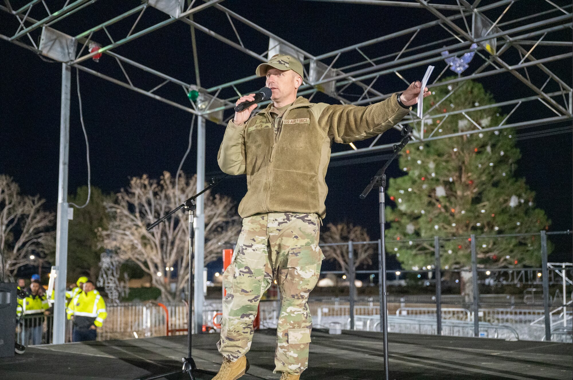 Brig. Gen. Matthew Higer, Commander, 412th Test Wing delivers remarks ahead of the tree lightning ceremony at WinterFest 2022.