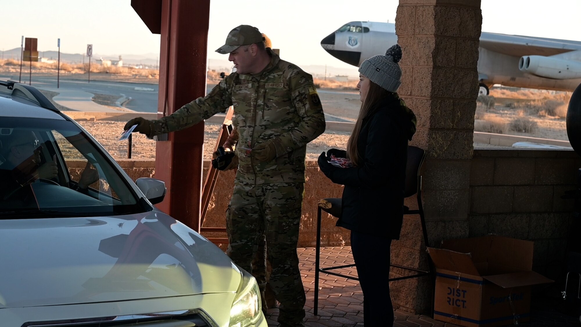 The 412th Operations Group passed out thousands of holiday cards to base personnel at the main gates to spread holiday cheer on Edwards Air Force Base. (Pictured: MSgt. Joseph Antonic, First Sergeant, 412th Operations Group.)