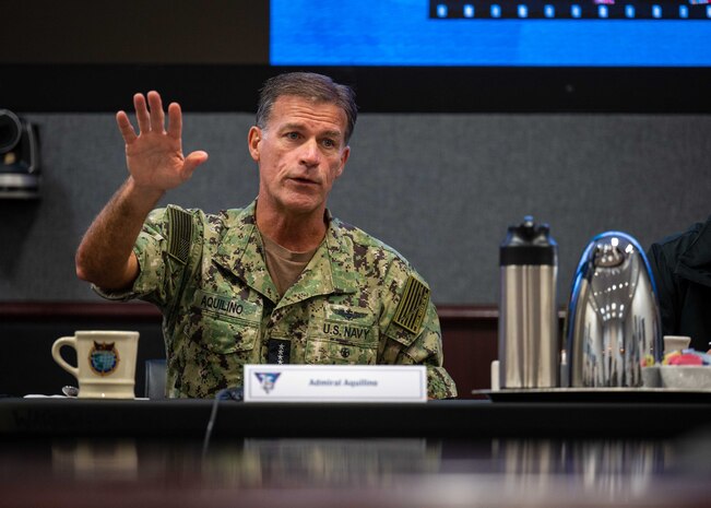 CAMP H. M. SMITH, Hawaii (Dec. 13, 2022) Adm. John C. Aquilino, Commander of U.S. Indo-Pacific Command, listens to a brief during the USINDOPACOM Commander’s Summit. Aquilino invited former Commanders to discuss lessons learned since their tenure and to celebrate the command’s 75th anniversary. (U.S. Navy photo by Mass Communication Specialist 1st Class Anthony J. Rivera)