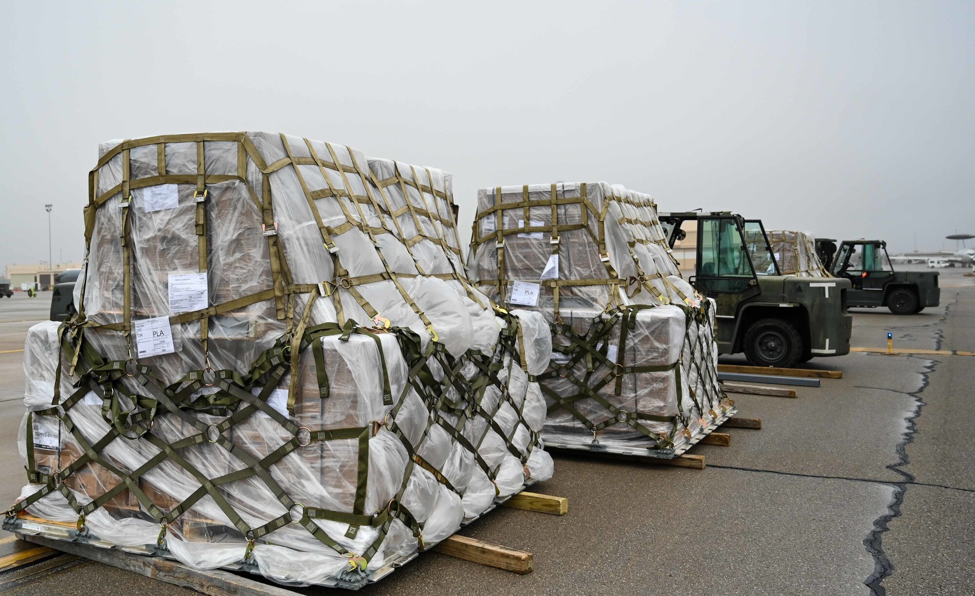 Airmen from the 72nd Logistics Readiness Squadron and the 72nd Aerial Port Squadron palatize and load over 130 thousand pounds of food and medical humanitarian aid onto a C-5 Galaxy bound for Costa Rica December 8, 2022, Tinker Air Force Base, Oklahoma. Humanitarian operations like this one happen multiple times a year in partnership with the State Department to bring aid all over the world.