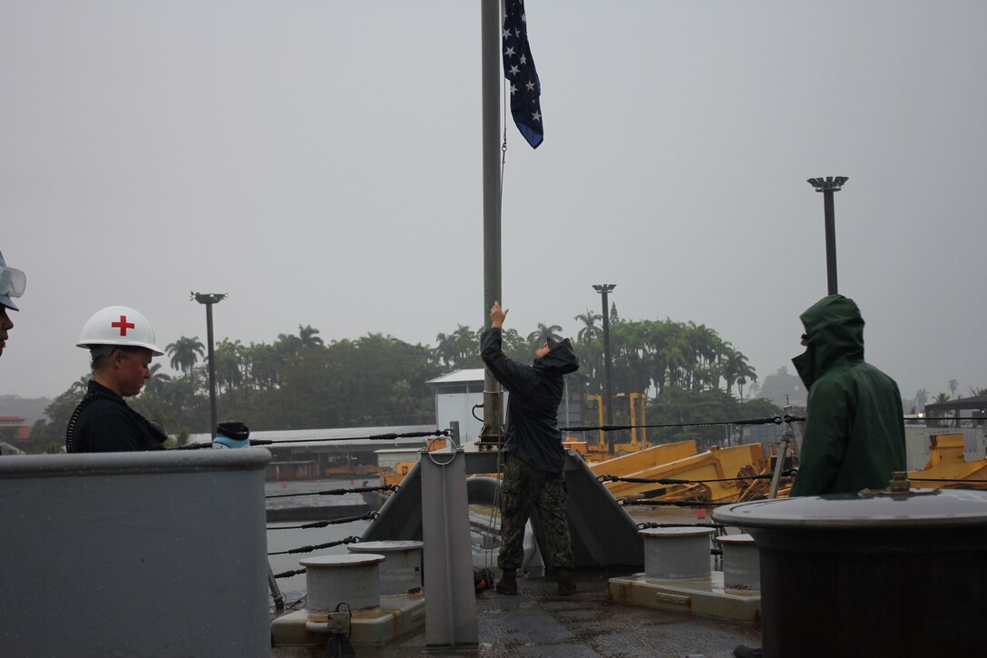 Aviation Ordnanceman 2nd Class Libby, from Heath, OH, brings down the jack as the Freedom-variant littoral combat ship USS Milwaukee (LCS 5) gets underway from Limón, Costa Rica, Dec. 16, 2022. Milwaukee is deployed to the U.S. 4th Fleet area of operations under Destroyer Squadron 40 and Commander, Task Force 45, performing combined naval operations, exercises, and partnership building, and serving as a force provider to Joint Interagency Task Force - South for counter-illicit drug trafficking missions in the Caribbean and Eastern Pacific.