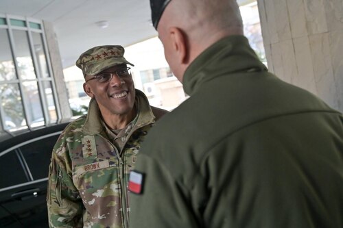 U.S. Air Force Chief of Staff Gen. CQ Brown, Jr. meets with Polish Chief of the General Staff of the Armed Forces Gen. Rajmund Andrzejczak Dec. 19, 2022, in Warsaw, Poland. Brown met with military counterparts during a visit to the region focused on strengthening bilateral defense relationships and further exploring opportunities to enhance interoperability, training and deterrence with NATO Allies and partners. During the same visit to the European Command theater of operations, Brown met with U.S. Airmen serving in Germany, Poland and the United Kingdom. (Polish Armed Forces courtesy photo)