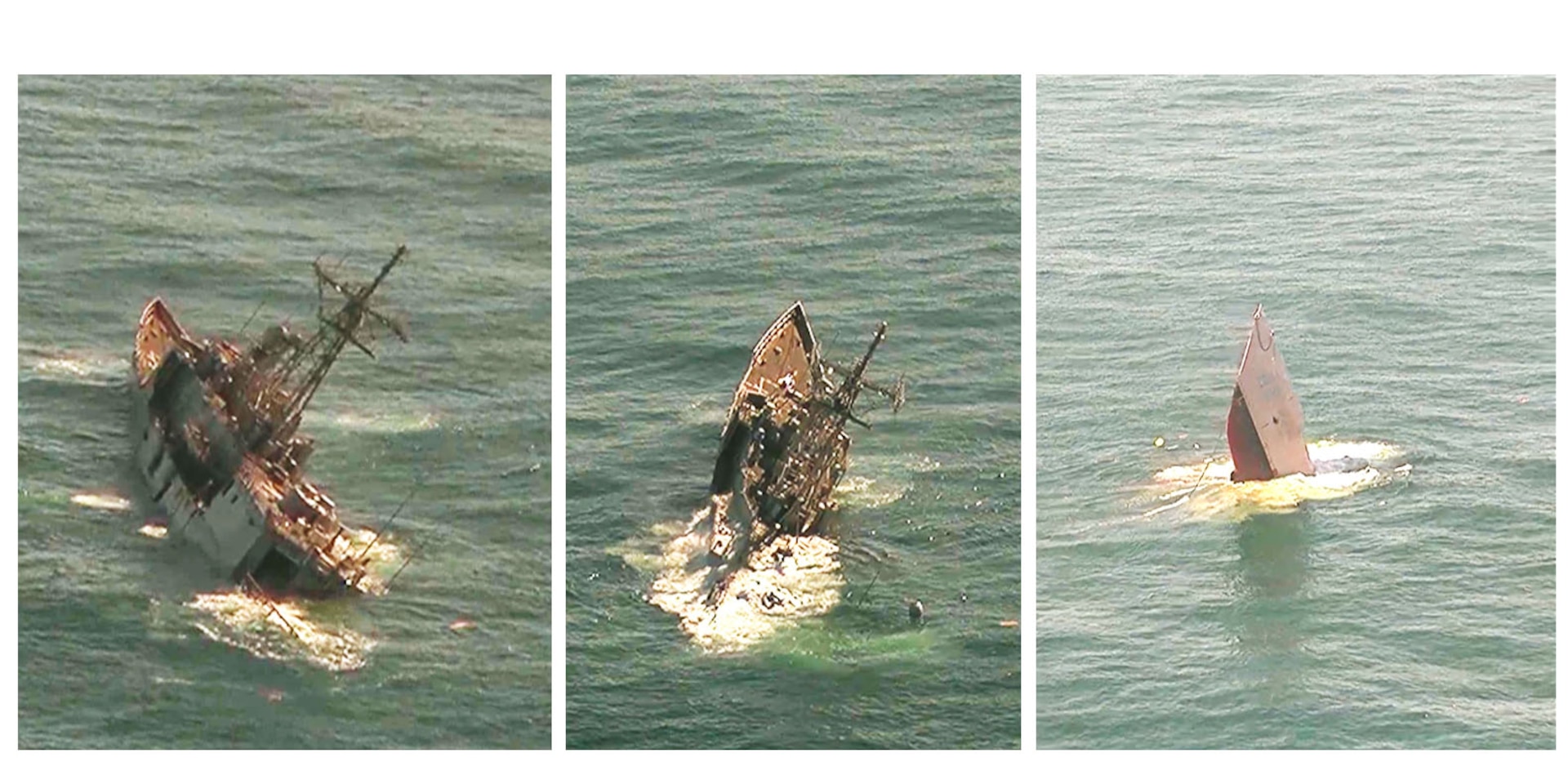 Ex-USS Boone (FFG 28) succumbs to overwhelming flooding and loss of buoyancy during the Atlantic Thunder 2022 sinking exercise (SINKEX) in the North Atlantic Ocean on Sept. 7, 2022. These images, captured by the U.S. Marine Corps unmanned aerial vehicle V-BAT, show the final moments before the ship sinks to her final resting place off the coast of Scotland. This SINKEX provided the U.S. and U.K. with invaluable training, collaboration and data to perform future allied missions. (U.S. Navy photo provided by Michael Kipp)