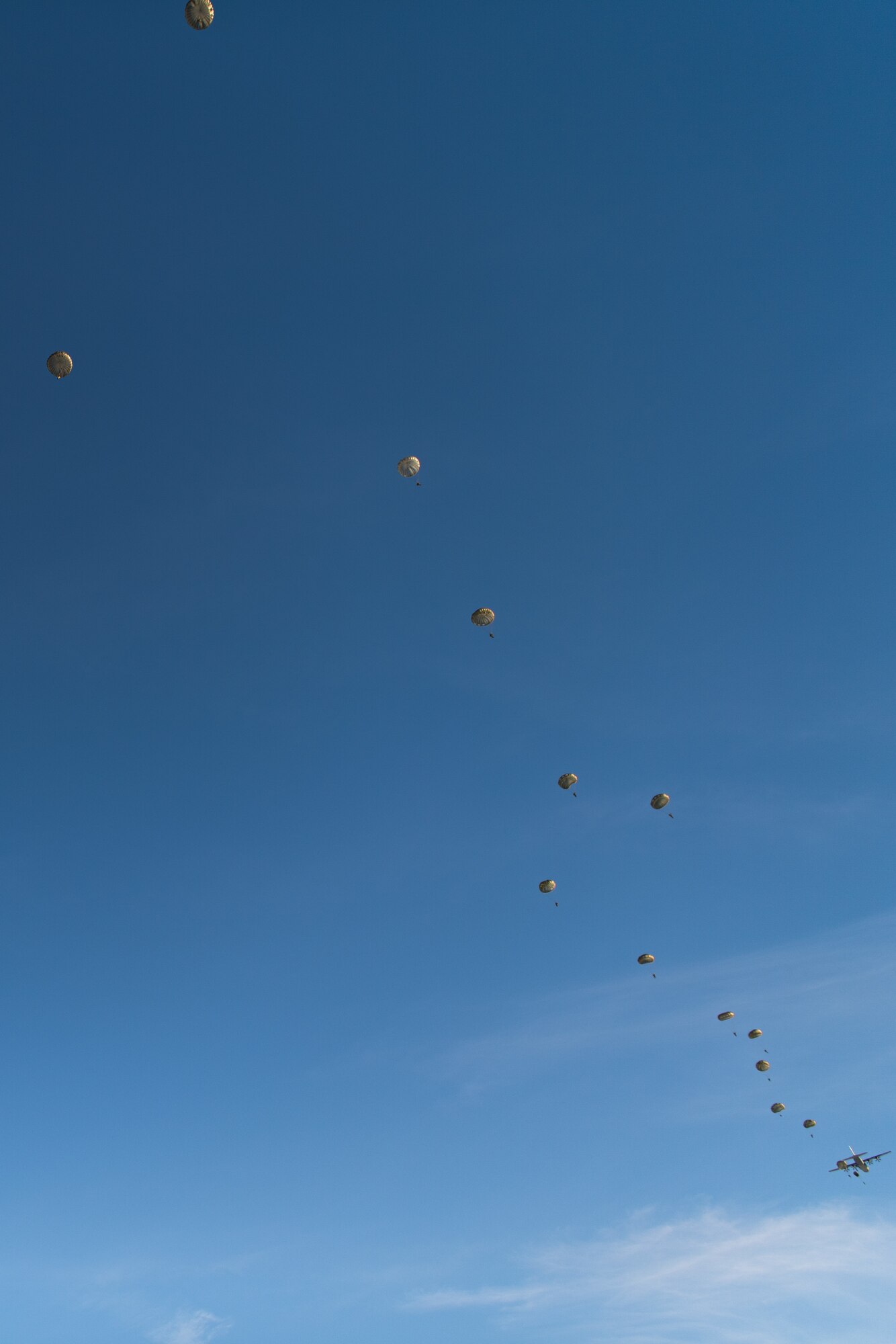 Service members from five NATO Countries land after a static line jump at Alzey Drop Zone, Ober-Flörsheim, Germany, Dec. 16, 2022