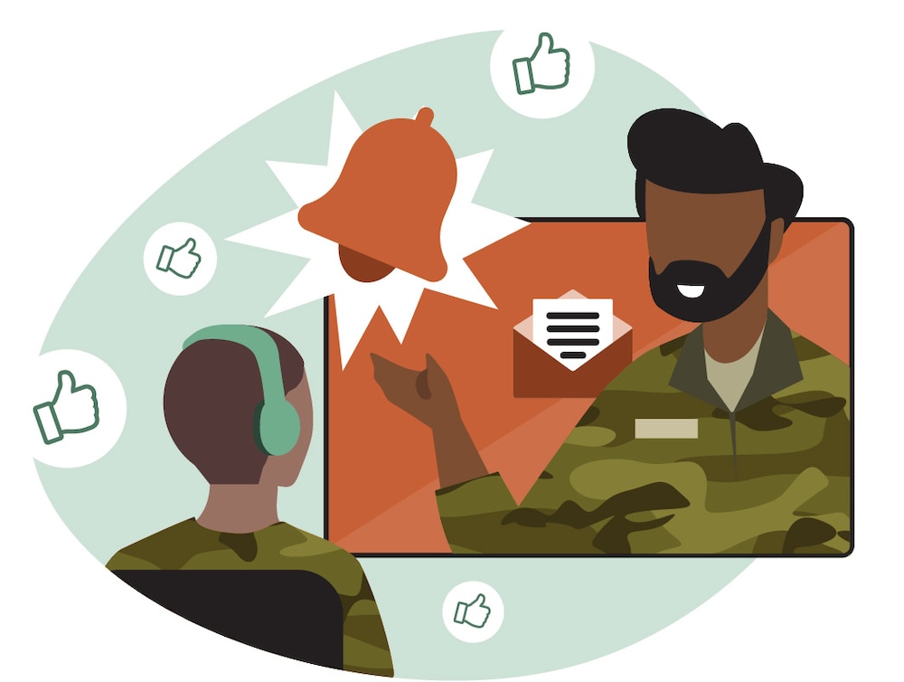 Illustration of a service member on a TV screen presenting a notification bell and e-mail. Another service member is watching and showing appreciation with thumbs-up emojis.