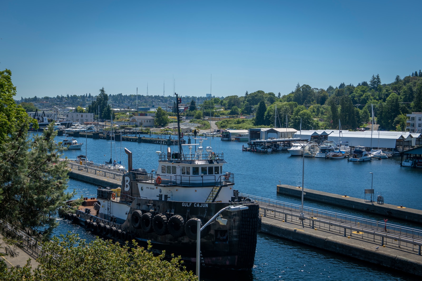 The Gulf Cajun commercial vessel approaches the large lock, Lake Washington Ship Canal and Hiram M. Chittenden Locks.