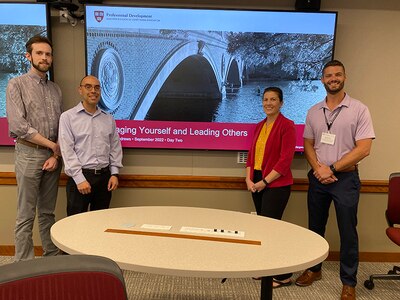 Naval Surface Warfare Center, Carderock Division employees (From left to right): Aidan Cowhig, Dr. Abel Vargas, Liana Sansom and Brian Noyes at Harvard University in Cambridge, Mass., at the conclusion of “Managing Yourself and Leading Others,” a professional development class, on Sept. 15, 2022. (Photo provided by Liana Sansom)