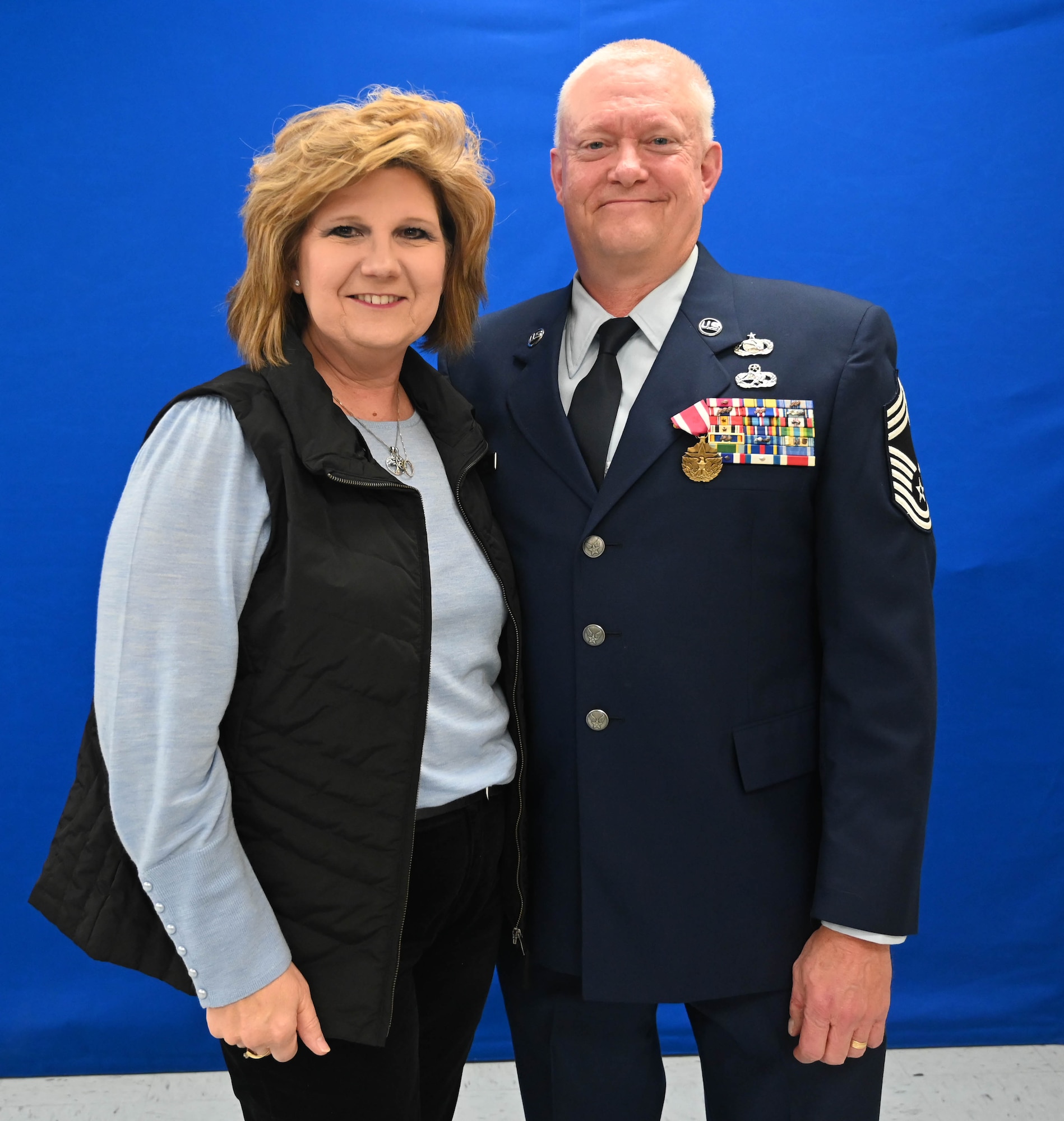 U.S. Air Force Chief Master Sgt. Douglas R. Lensing, Intelligence, Surveillance and Reconnaissance Group superintendent, retires in a ceremony attended by his wife, Michelle on Dec. 4, 2022 at Ebbing Air National Guard Base, Fort Smith, Ark.