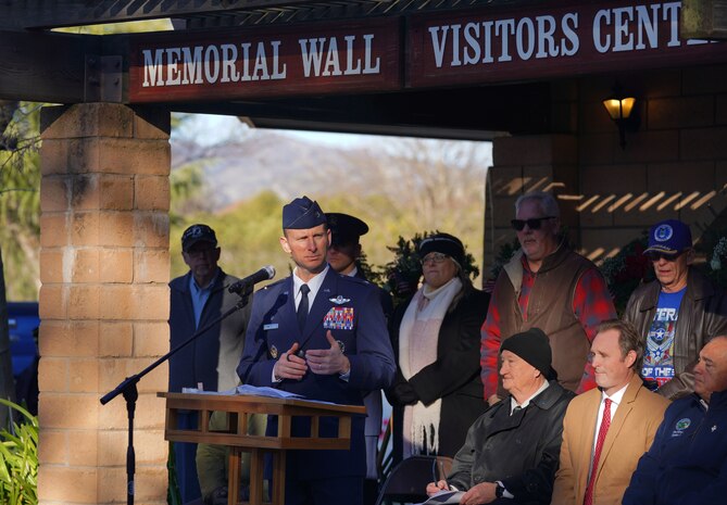 Col. Geoffrey Church, 9th Reconnaissance Wing commander, gives opening remarks at the Wreaths Across America ceremony Dec. 17, 2022, at the Sutter Cemetery, Sutter, Calif.