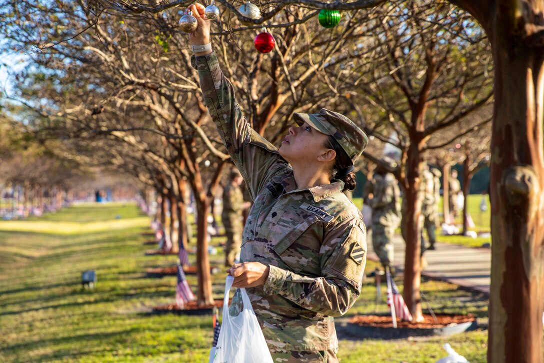 A soldier puts an ornament on a tree.