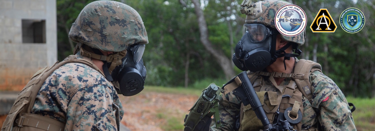 JPEO-CBRND logo, ASA(ALT) logo, and CBDP logo over a picture of a person using CBRN defense gear