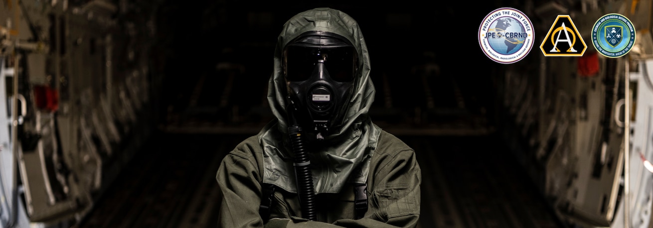 JPEO-CBRND logo, ASA(ALT) logo, and CBDP logo over a picture of a person using CBRN defense gear