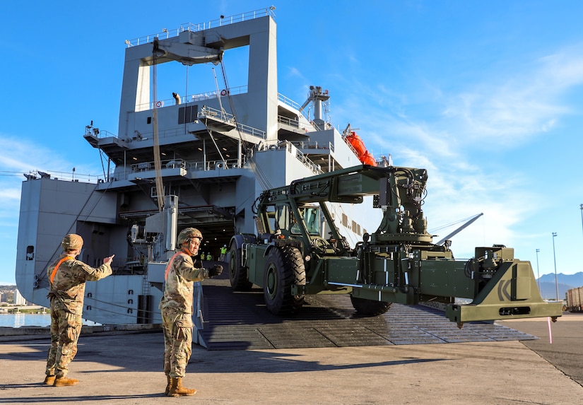 The 8th Military Police Brigade excuted a week-long equipment download and staging mission of approximately 500 pieces of military stock, as part of Army Prepositioned Stock-3 on Joint Base Pearl Harbor-Hickam, Hawaii, Nov. 29 - Dec. 1, 2022. The "Watchdogs" Brigade executed oversight as the Command and Control (C2) authority over the movement of each piece of equipment downloaded from the U.S. Naval Ship Watson.