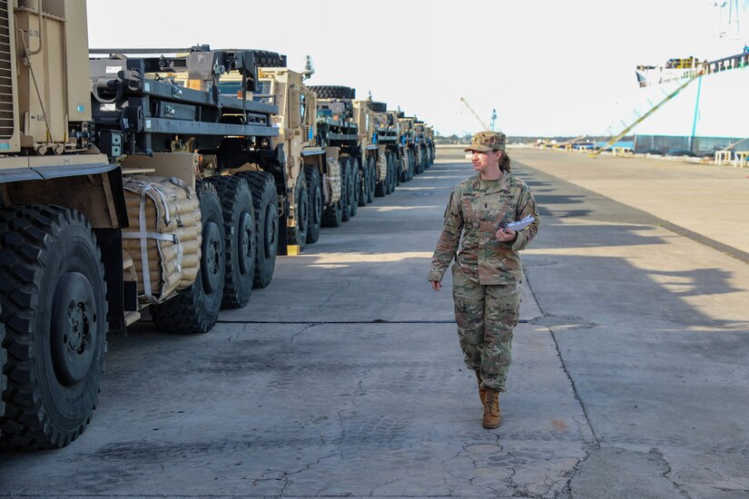 Headquarters, Headquarters Company, 8th Military Police Brigade Soldier, 1st Lt. Mary Ann Monnard kept accountability of nearly 400 hundred military vehicles as part of Army Prepositioned Stock-3 at a staging area on Joint Base Pearl Harbor-Hickam, Hawaii, Nov. 29 - Dec. 1, 2022. The "Watchdogs" Brigade executed oversight as the Command and Control (C2) authority over the movement of each piece of equipment downloaded from the U.S. Naval Ship Watson.