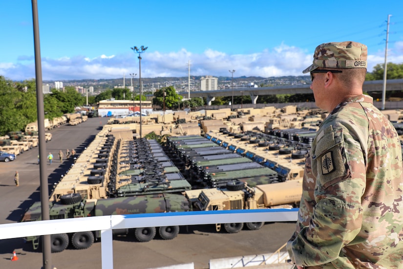 8th Military Police Brigade Commander, Col. Charles A. Green watched over the execution of his unit's mission of the movement of approximately 500 pieces of military equipment as part of Army Prepositioned Stock-3 on Joint Base Pearl Harbor-Hickam, Hawaii, Nov. 29 - Dec. 1, 2022.  The "Watchdogs" Brigade executed oversight as the Command and Control (C2) authority over the movement of each piece of equipment downloaded from the U.S. Naval Ship Watson.