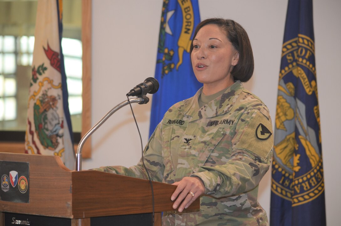 Col. Lisa Rennard, commander, 403rd Army Field Support Brigade, presents her remarks at the Fiscal Year 2022 Army Award for Maintenance Excellence Presentation Ceremony at Camp Humphreys, South Korea, Dec. 8, 2022.