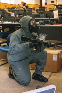 A U.S. Army Trooper assigned to 3d Cavalry Regiment assumes a kneeling position with a dummy rifle while testing newly designed chemical, biological, radiation, and nuclear protection equipment Dec. 8, 2022, at Fort Hood, Texas. (U.S. Army photo by Staff Sgt. Christopher Stewart)