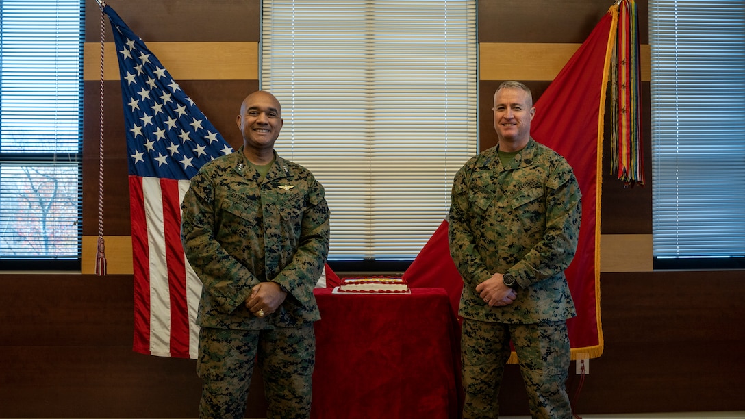 U.S. Marine Corps Lt. Gen. Brian W. Cavanaugh, right, the Fleet Marine Force, Atlantic (FMFLANT), Marine Forces Command (MARFORCOM), Marine Forces Northern Command commander, and Sergeant Major Michael J. Pritchard, left, the Command Sergeant Major of Fleet Marine Force, Atlantic, Marine Forces Command, Marine Forces Northern Command, celebrate the establishment of FMFTLANT at Marine Forces Command, Norfolk, Va, on Dec.16, 2022. The ceremony signifies the 76th anniversary and allows Marines to reflect on the command’s history. Today, the mission of FMFLANT, MARFORCOM, and MARFOR NORTHCOM is to advise the U.S. Northern Command on the proper employment and support of Marine Corps forces, to command service-retained forces, and provide support for joint, naval, and service requirements. (U.S. Marine Corps photo by Cpl. Hannah Adams)