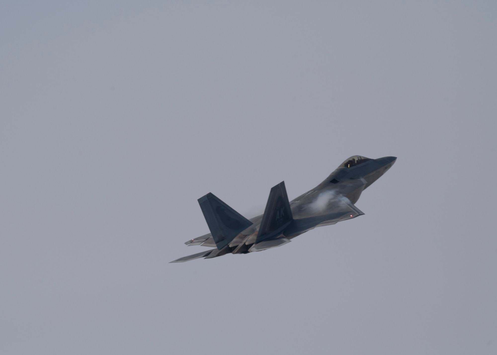 An F-22 Raptor assigned to the 525th Fighter Squadron, Joint Base Elmendorf-Richardson, Alaska, flies above Kunsan Air Base, Republic of Korea, Dec. 20, 2022.