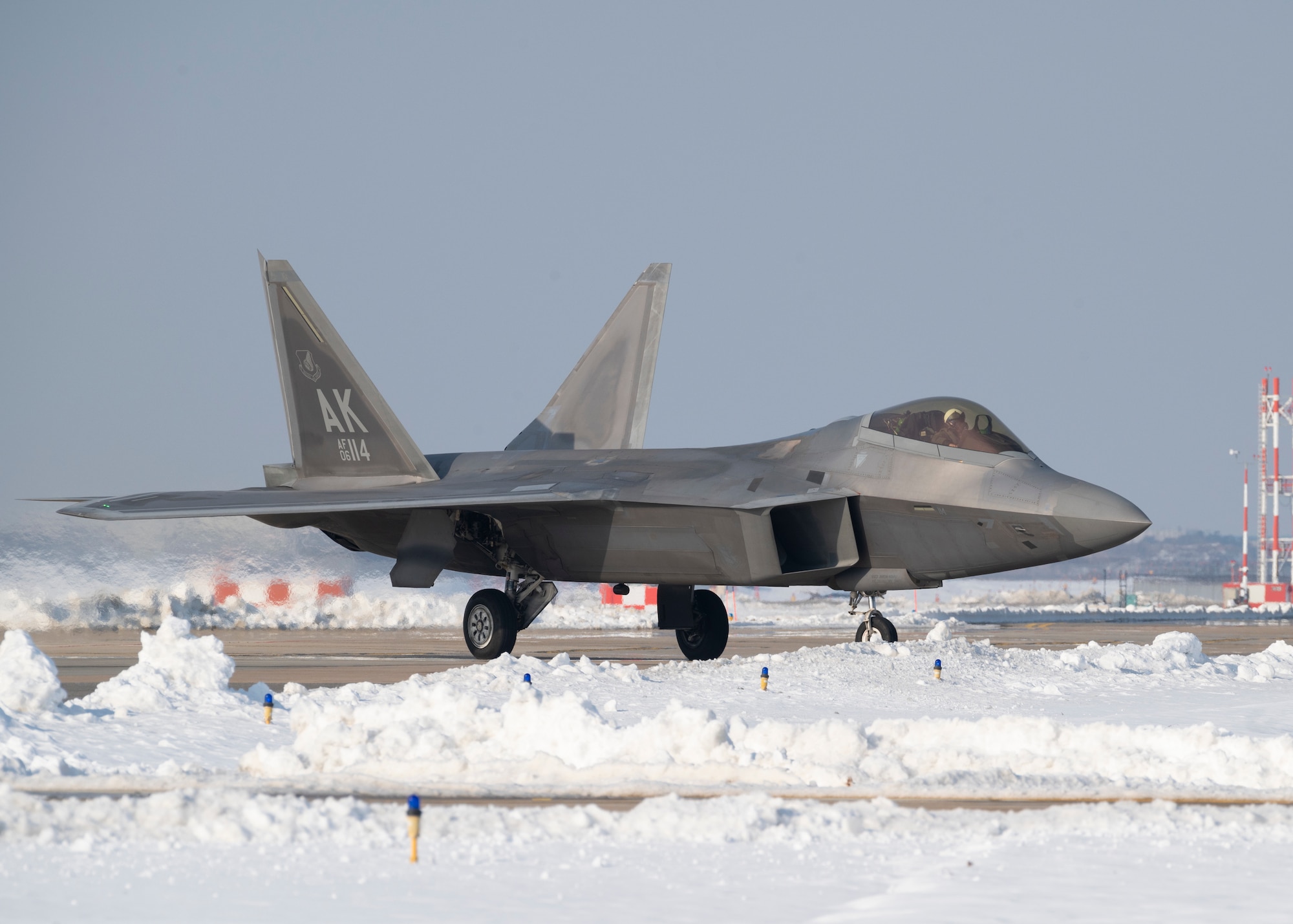 An F-22 Raptor assigned to the 525th Fighter Squadron out of Joint-Base Elmendorf-Richardson, Alaska, taxis during bilateral training event IRON SHADOW at Kunsan Air Base, Republic of Korea, Dec. 20, 2022.