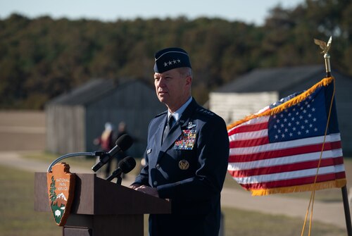 U.S. Air Force Gen. Mark Kelly, commander of Air Combat Command, delivers the keynote speech