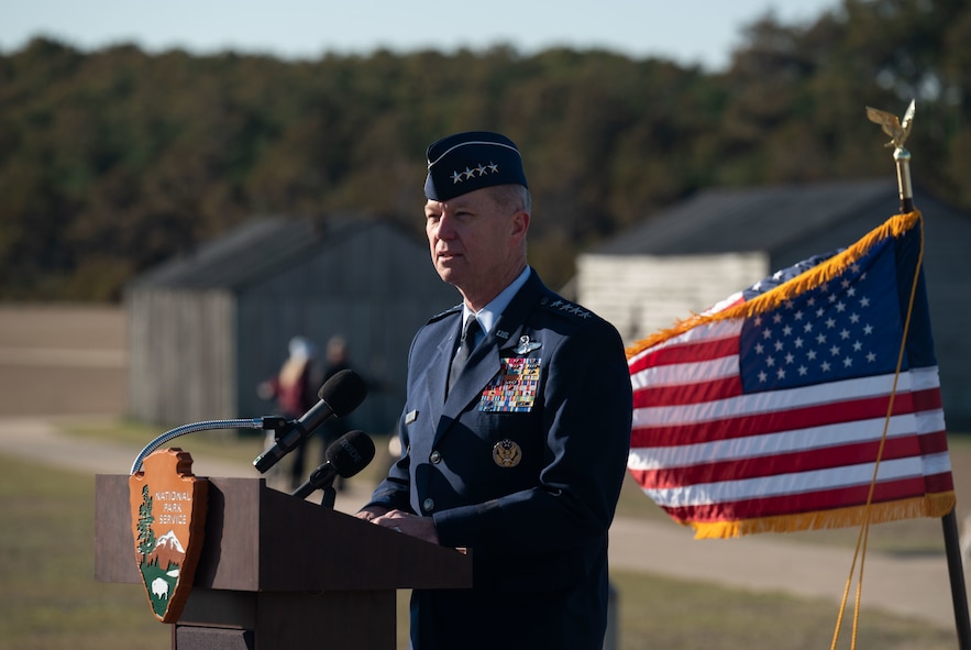 U.S. Air Force Gen. Mark Kelly, commander of Air Combat Command, delivers the keynote speech