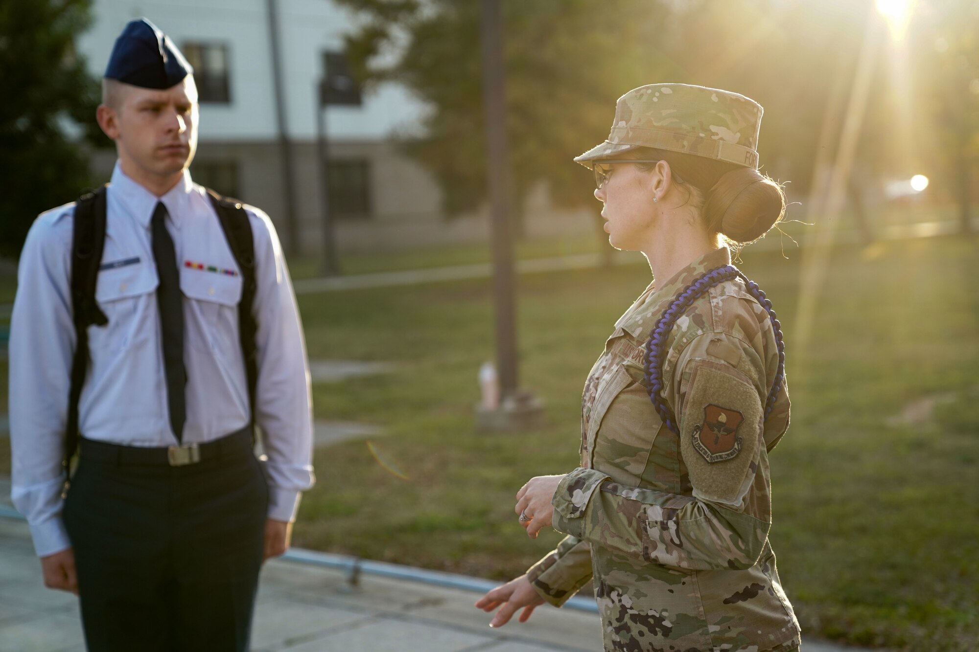 U.S. Air Force Tech. Sgt. Megan Ford, 81st Training Group Military Training Operations flight chief, instructs Airmen in training at Keesler Air Force Base on Nov. 28, 2022.