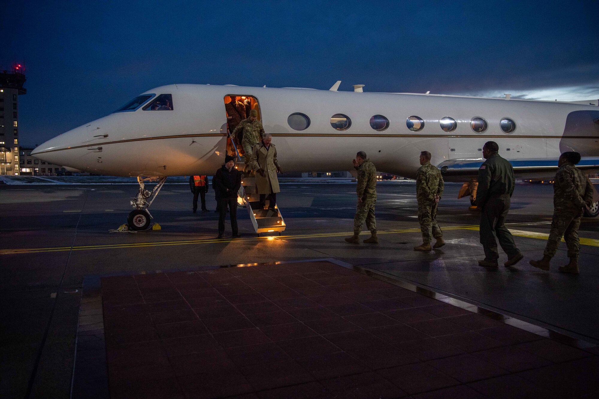 Leaders from the 86th Airlift Wing and U.S. Air Forces in Europe - Air Forces Africa greet Secretary of the Air Force Frank Kendall upon his arrival