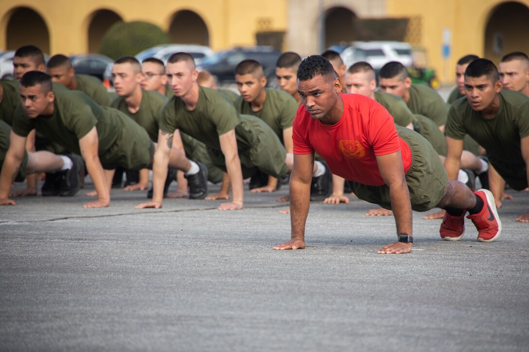 A drill instructor and a group of Marines do pushups in formation.