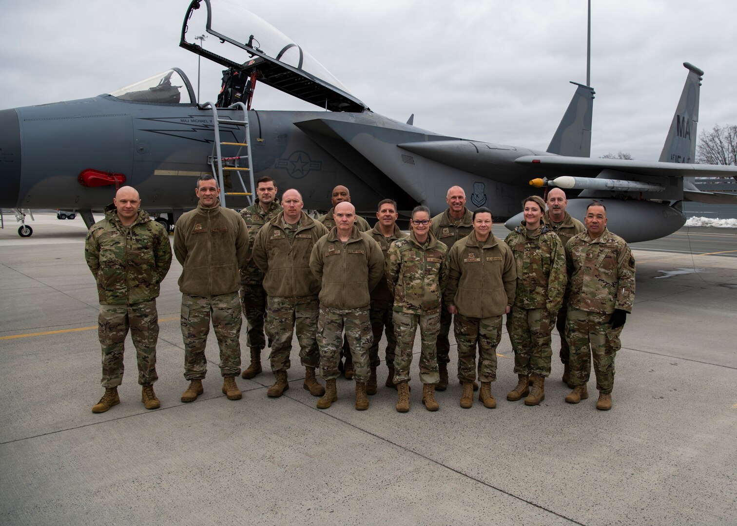 An Air National Guard Production Assessment Team poses for a photo during a visit to the 104th Fighter Wing Dec. 15, 2022, at Barnes Air National Guard Base, Massachusetts. The PAT's goal at the 104 FW was to find ways to become more efficient to increase aircraft availability.