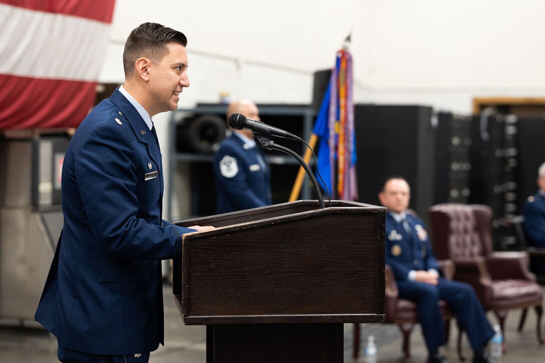 Lt. Col. Daniel Mount, the incoming 28th Maintenance Squadron commander, delivers a speech during a change of command ceremony at Ellsworth Air Force Base, South Dakota, Dec. 19, 2022. Mount used this opportunity to express his gratitude for his family and peer’s support during this new task as the incoming 28th MXS commander. (U.S. Air Force photo by Staff Sgt. Hannah Malone)