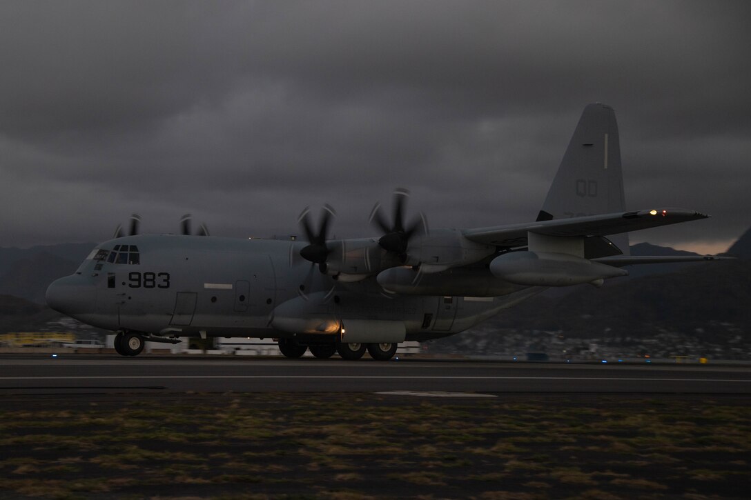 MARINE CORPS AIR STATION KANEOHE BAY, Hawaii (July 20, 2022) A U.S. Air Force C-130 Hercules lands on a flight line during Rim of the Pacific (RIMPAC) 2022, at Marine Corps Air Station Kaneohe Bay, Hawaii, July 20. Twenty-six nations, 38 ships, three submarines, more than 170 aircraft and 25,000 personnel are participating in RIMPAC from June 29 to Aug. 4 in and around the Hawaiian Islands and Southern California. The world's largest international maritime exercise, RIMPAC provides a unique training opportunity while fostering and sustaining cooperative relationships among participants critical to ensuring the safety of sea lanes and security on the world's oceans. RIMPAC 2022 is the 28th exercise in the series that began in 1971.