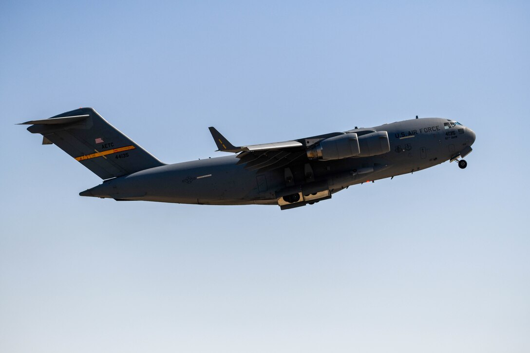 A C-17 Globemaster III takes off during the Red River Thunder airshow at Altus Air Force Base, Oklahoma, Oct. 1, 2022. (U.S. Air Force photo by Senior Airman Kayla Christenson)