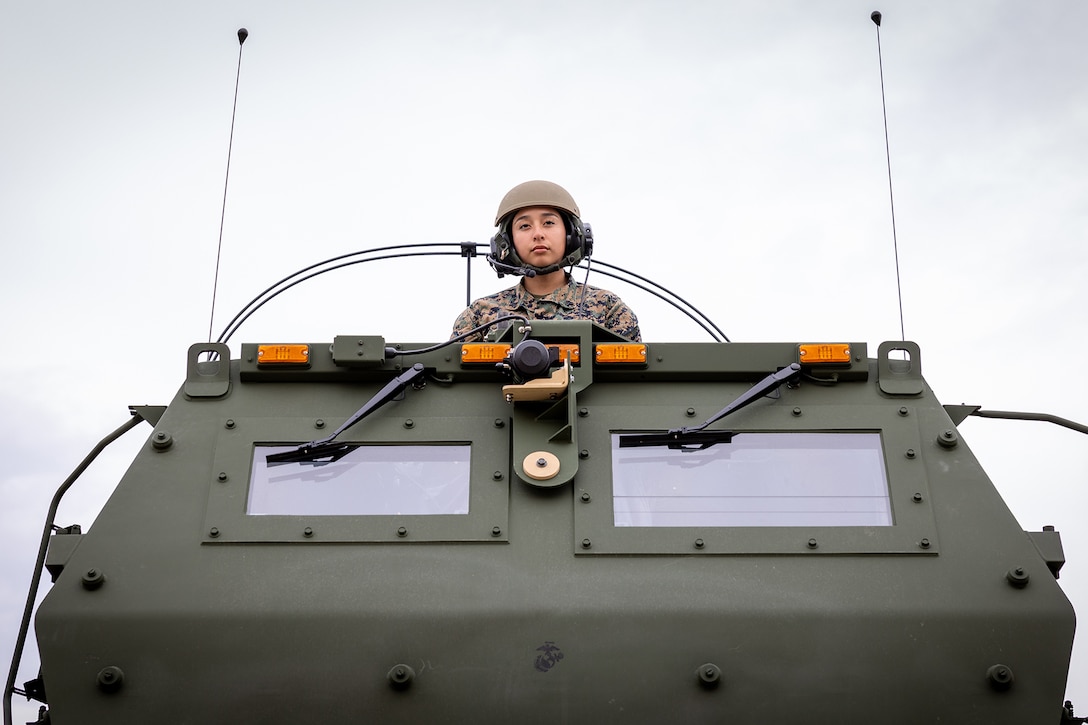 A person dressed in a military uniform is shown looking out over a military vehicle.