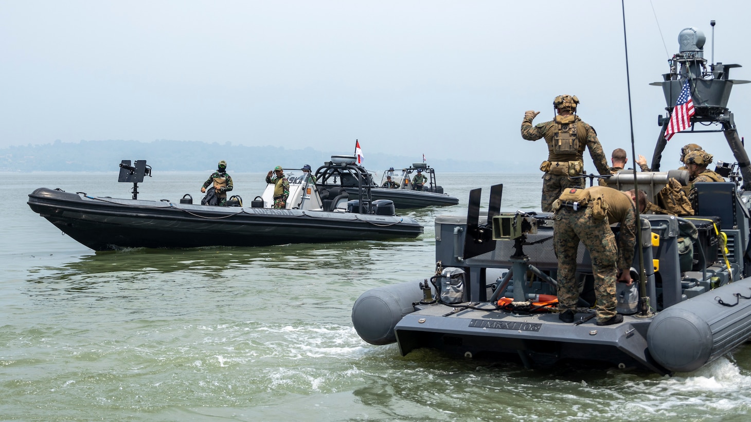 U.S. Marines with Maritime Raid Platoon, 13th Marine Expeditionary Unit, prepare for rigid hull inflatable boat operations with the Indonesian Navy sailors during Cooperation Afloat Readiness and Training (CARAT) /Marine Exercise (MAREX) Indonesia 2022 in Surabaya, Dec. 13. CARAT/MAREX Indonesia is a bilateral exercise between Indonesia and the United States designed to promote regional security cooperation, maintain and strengthen maritime partnerships, and enhance maritime interoperability. In its 28th year, the CARAT series is comprised of multinational exercises, designed to enhance U.S. and partner navies’ and marine corps abilities to operate together in response to traditional and non-traditional maritime security challenges in the Indo-Pacific region.