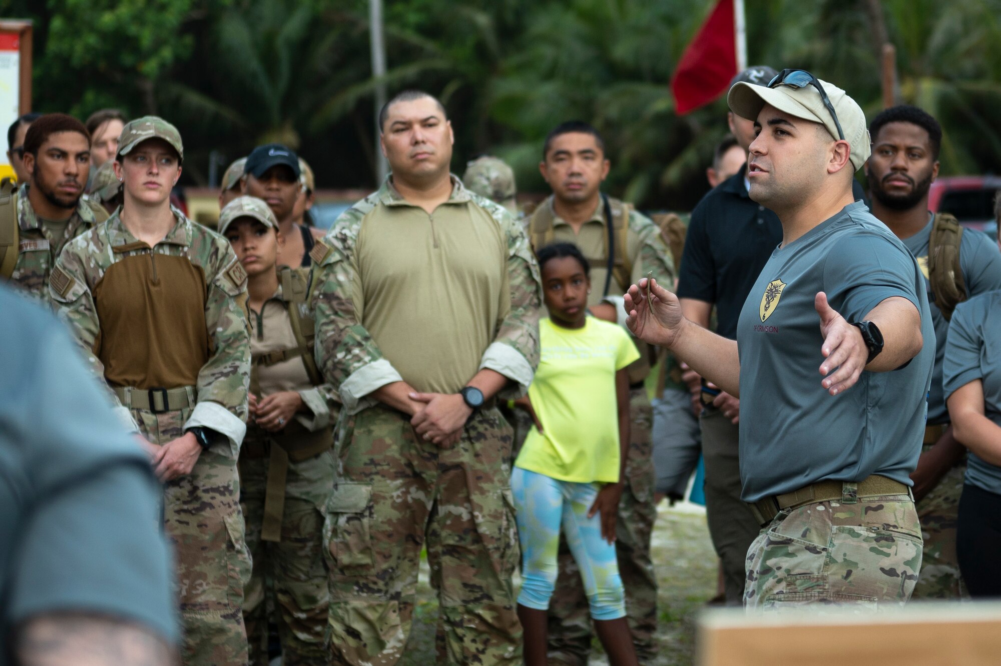 U.S. Air Force Maj. Dayne Foote, 36th Security Forces commander, gives a speech during the Office of Special Investigations’ Hustler-6 memorial event on Andersen Air Force Base, Guam, Dec. 21, 2022. This annual event honors four OSI Special Agents and two Security Forces defenders that lost their lives during a mission near Bagram, Afghanistan on Dec. 21, 2015. (U.S. Air Force photo by Airman Spencer Perkins)