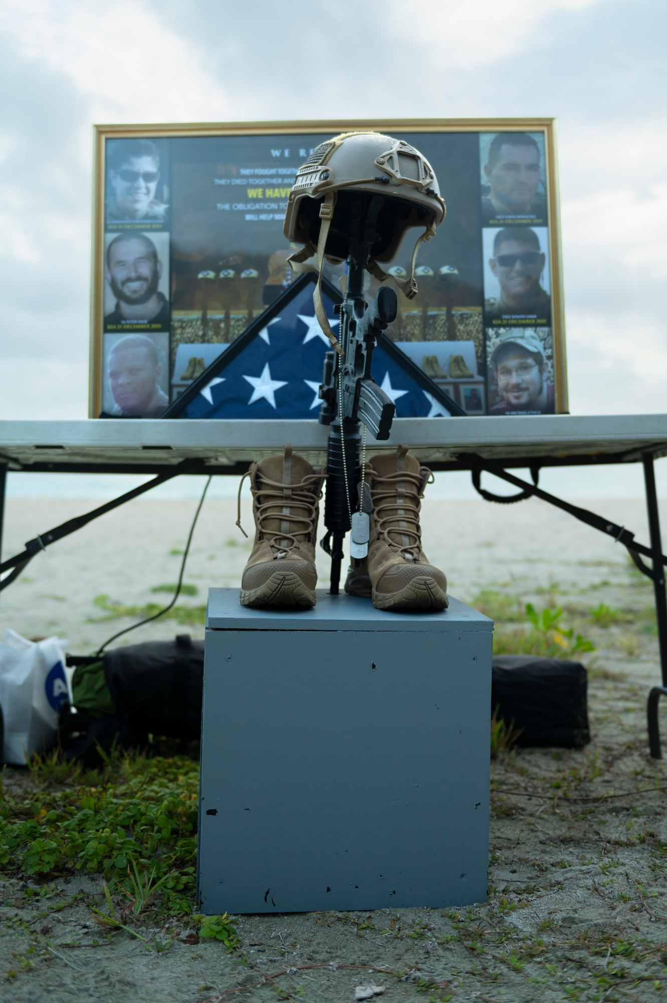 A memorial for the Office of Special Investigations’ Hustler-6, is displayed on Tarague beach on Andersen Air Force Base, Guam, Dec. 21, 2022. This annual event honors four OSI special agents and two Security Forces defenders that lost their lives during a mission near Bagram, Afghanistan on Dec. 21, 2015. (U.S. Air Force photo by Airman Spencer Perkins)