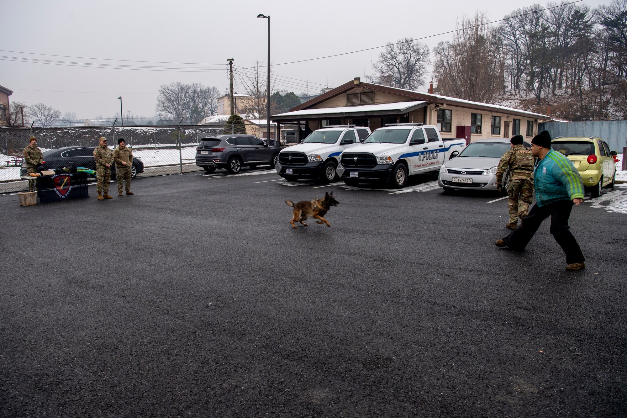 U.S. Air Force Lt. Gen. Scott Pleus (left), 7th Air Force commander, watches as military working dog (MWD) Rocky (middle), showcases his capabilities during a MWD demonstration at the 51st Security Forces Squadron (SFS) MWD facility, Dec. 21, 2022, at Osan Air Base, Republic of Korea.