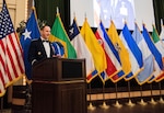 Maj. Gen. Julian Cheater, Assistant Deputy Under Secretary of the Air Force, International Affairs, speaks at Academy’s graduation ceremony at Joint Base San Antonio-Lackland, Texas, Dec. 7, 2022. Cheater was guest speaker for the event, in which more than 150 international military students and U.S. Air Force students graduated. (U.S. Air Force photo by Vanessa R. Adame)