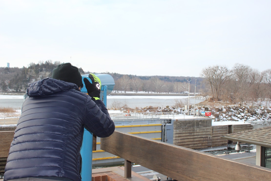 A man eagle watches from the deck at the Illinois Waterway Visitor Center in Utica, Illinois.