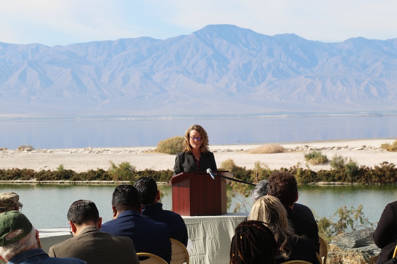 Cindy Messer, chief deputy director, California Department of Water Resources, speaks to the audience about the signing of a cost-share agreement for the “Imperial Streams Salton Sea and Tributaries Feasibility Study,” a $3-million, three-year study aimed at identifying potential ecosystem, flood-risk management or other land- and water-resource projects and actions for the long-term restoration of the sea during a Dec. 16 ceremony at the North Shore Yacht Club in Mecca, California.