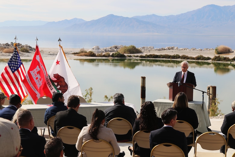 G. Patrick O'Dowd, executive director of the Salton Sea Authority, speaks to the audience about the signing of a cost-share agreement for the “Imperial Streams Salton Sea and Tributaries Feasibility Study,” a $3-million, three-year study aimed at identifying potential ecosystem, flood-risk management or other land- and water-resource projects and actions for the long-term restoration of the sea during a Dec. 16 ceremony at the North Shore Yacht Club in Mecca, California.