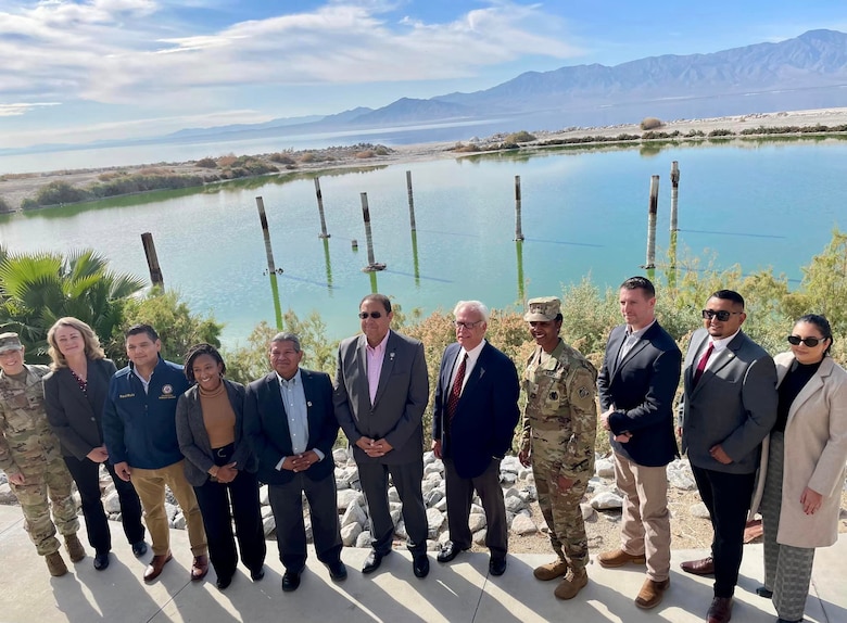 Representatives from several local, state and federal agencies pose for a photo following a Dec. 16 signing ceremony for the Imperial Streams Salton Sea Feasibility Cost-Share Agreement between the U.S. Army Corps of Engineers Los Angeles District, California Department of Water Resources and the Salton Sea Authority at the North Shore Yacht Club in Mecca, California.