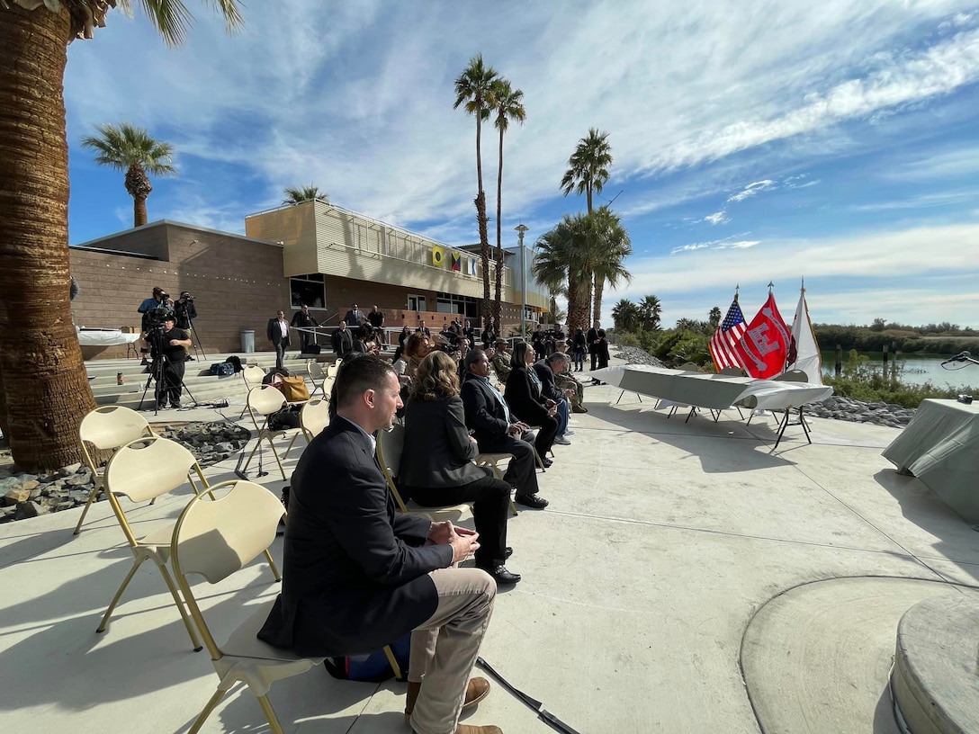Audience members listen as representatives prepare to sign documents Dec. 16 during a signing ceremony for the Imperial Streams Salton Sea Feasibility Cost-Share Agreement between the U.S. Army Corps of Engineers Los Angeles District, California Department of Water Resources and the Salton Sea Authority at the North Shore Yacht Club in Mecca, California.